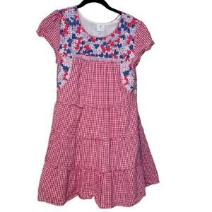 J. Marie 100% Cotton Pink White Checkered Floral Embroidered Mini Dress Size XS